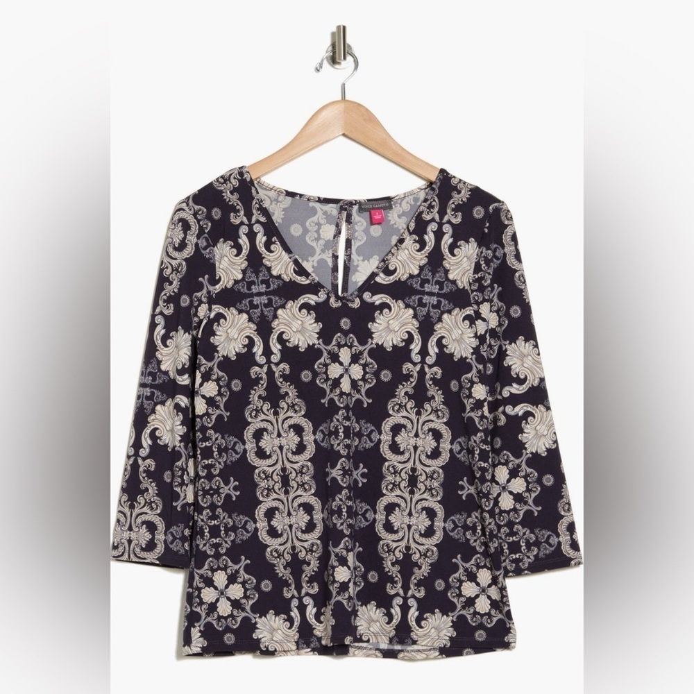 Vince Camuto Patterned Soft Navy 3/4 Length Blouse Women’s Size Small - Picture 14 of 15